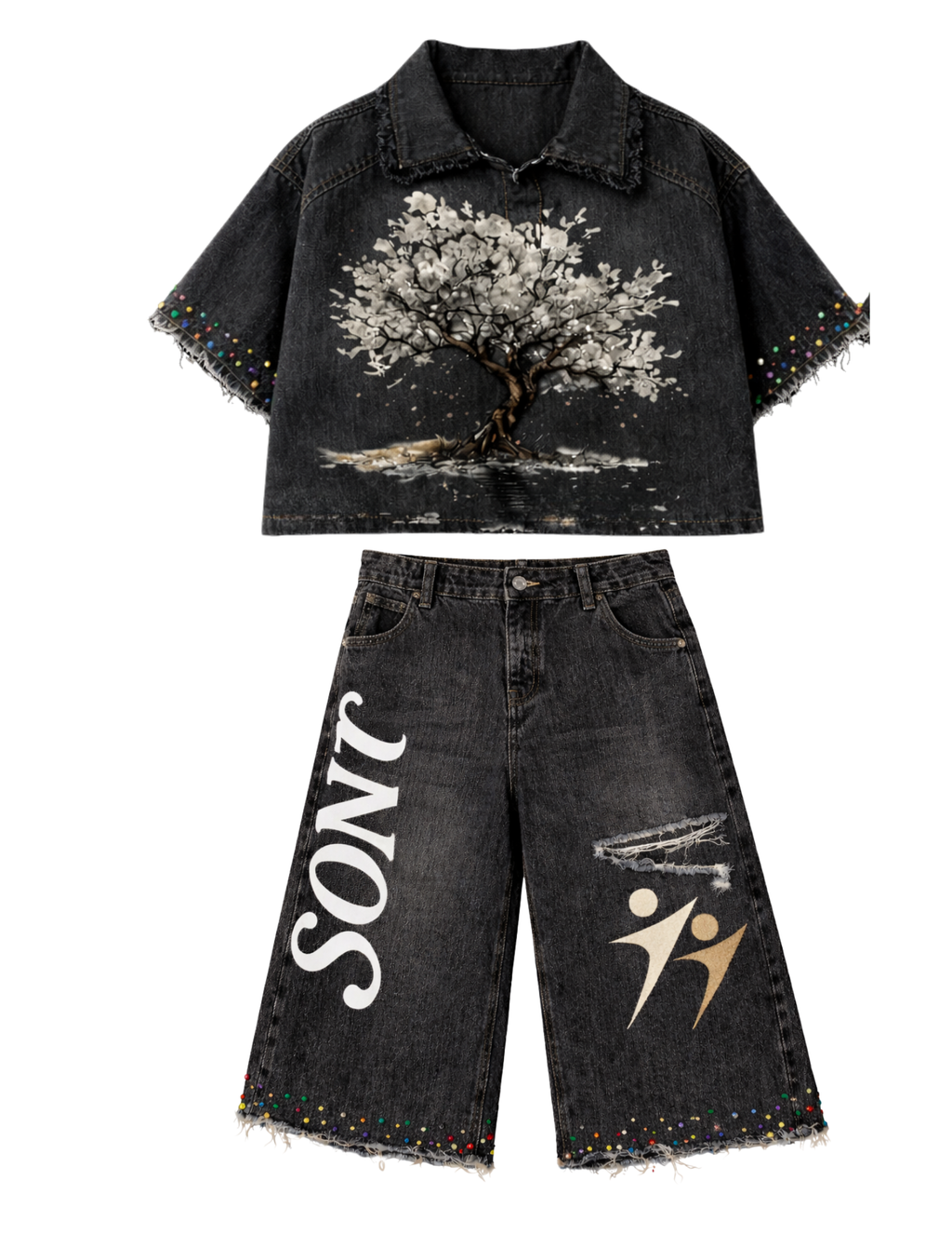 Black Cherry Blossom Denim Set