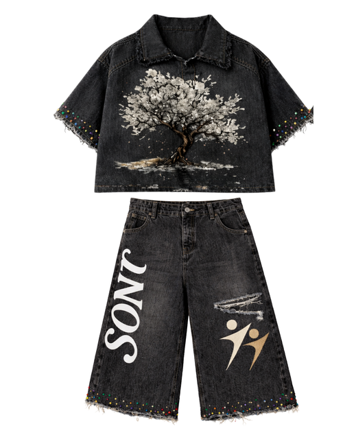 Black Cherry Blossom Denim Set (PREORDER)