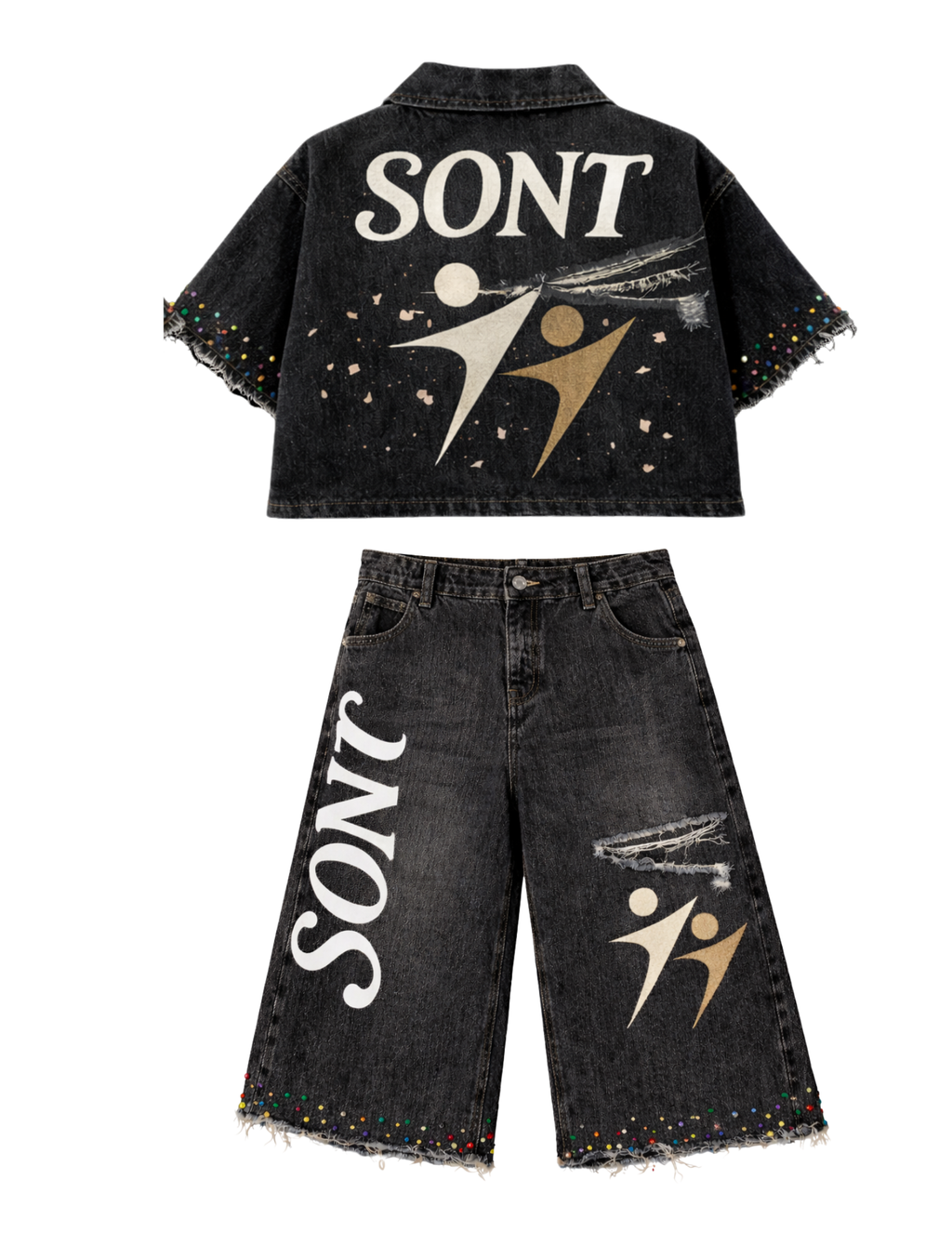 Black Cherry Blossom Denim Set