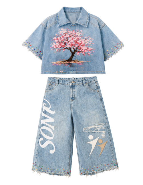 Blue Cherry Blossom Denim Set (PREORDER)